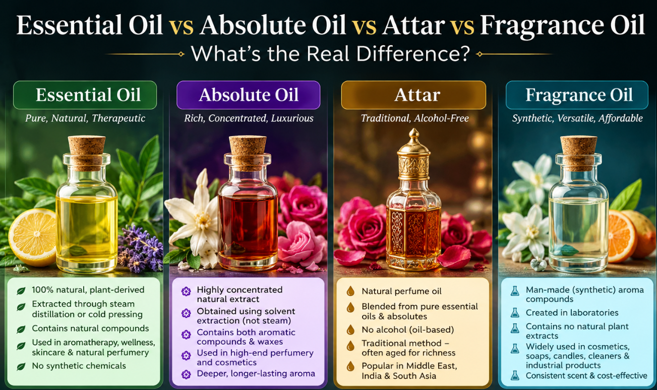 Essential Oil vs Absolute Oil vs Attar vs Fragrance Oil: What’s the Real Difference?